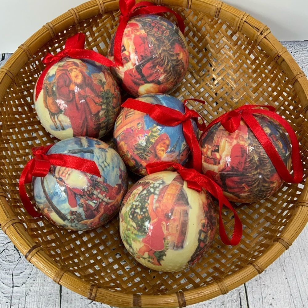 Lot of 6 Paper mache decoupage Old Fashion Santa ornaments Christmas bulbs